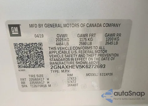2019 Chevrolet Equinox Ls z USA, uszkodzony, nr VIN 2GNAXHEV5K6272693